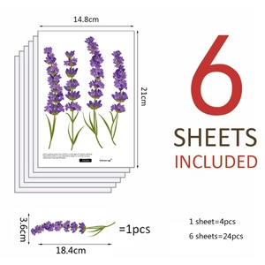 Detailed size chart for 6 sheets of lavender wall stickers with 24 individual floral pieces
