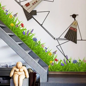 Garden style floral baseboard wall decals with green grass and colorful flowers for home decor