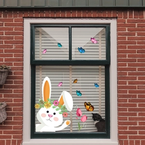 Easter bunny and tulip window stickers set on glass window with colorful butterflies