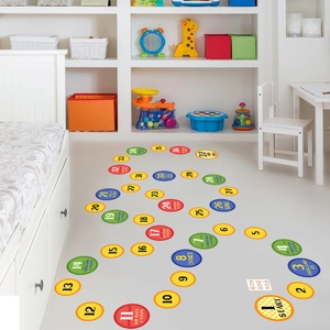 Colorful hopscotch number floor decals set for kids' playroom decoration and active play