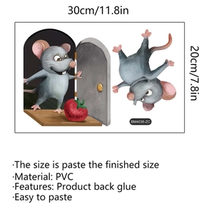 3D mouse hole wall sticker featuring cartoon mice and strawberry made of PVC material