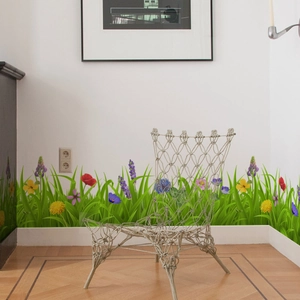 Green grass and colorful wild flowers baseboard wall sticker for home decoration