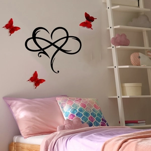 Sticker mural cœur infini noir créatif avec papillons 3D rouges scintillants pour chambre