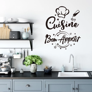 Sticker mural de cuisine avec lettrage Cuisine et Bon Appétit et icônes de chef
