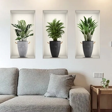 Detail showing 3D visual wall stickers with green potted plants and modern alcove effect
