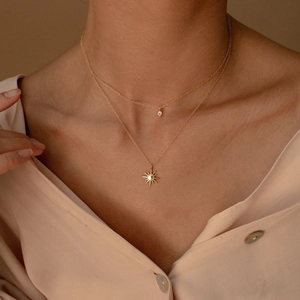 Layered Double Chain Necklace With Star Pendant Round Zircon Gold Plated Copper Jewelry Elegant For Women