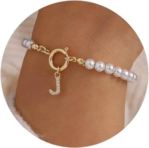 Barok Kunstparel Armband Verguld Roestvrij Staal Met Zirkonia Beginletter Hanger Elegant OT Sluiting Vrouwen Sieraden