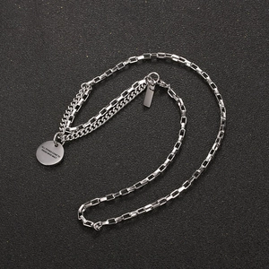 Industrial double-layered titanium steel necklace with engraved round charm and box chain