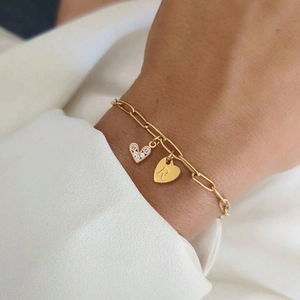 Roestvrij Stalen Paperclipketting Armband Voor Dames Verguld Hart Alfabet Letter Hanger Sieraden Dubbel Hart Charm