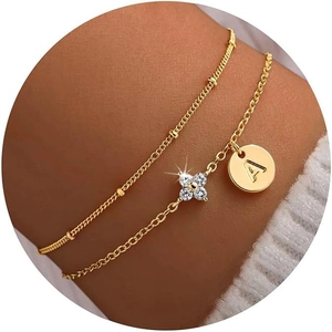 Elegant Stainless Steel Gold Plated Double Layered Initial Letter Anklet Heart Zircon Four Leaf Clover Adjustable Women Jewelry
