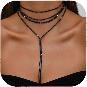 Σέξι Μαύρο Στρας Πολυεπίπεδο Κολιέ Choker Με Μακριά Αλυσίδα Σώματος Με Φούντα για Γυναικεία Κοσμήματα Πάρτι Νυχτερινό Κέντρο