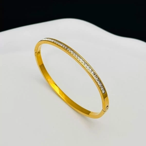 Elegant gold titanium steel bangle with a single row of sparkling white zircons
