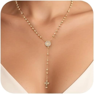 14K Gold Plated Stainless Steel Rosary Y-Necklace For Women With Saint Benedict Medal And Cross Crucifix Pendant Zirconia Inlaid Bead Chain Long Necklace Jewelry Gift