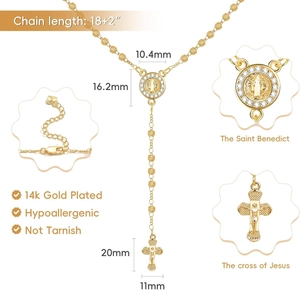 Detail view of 14k gold plated rosary necklace with Saint Benedict medal and cross pendant