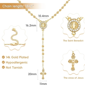 14k gold plated rosary necklace with Saint Benedict medal and Jesus cross pendant