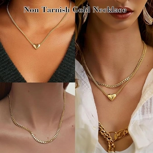 Collier multicouche doré avec pendentif cœur et chaîne cubaine en métal inoxydable