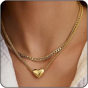 Collier Pendentif Cœur Double Rangée en Acier Inoxydable Plaqué Or 18K Chaîne Gourmette pour Femme Bijoux Étanche