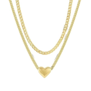 Collier double couche chaîne cubaine dorée avec pendentif cœur pour femmes