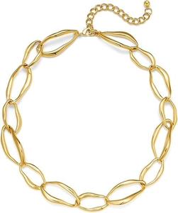 Detail of chunky gold irregular link chain necklace with lobster clasp and extender