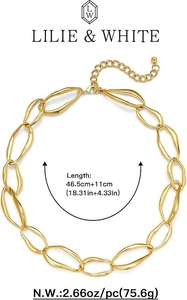 Detail view of chunky gold chain necklace showing 46.5cm length and metal link texture