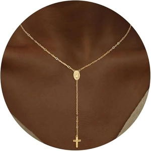 Women Vintage Copper Virgin Mary Medal Cross Pendant Y-Shaped Necklace Gold Silver Plated Religious Christian Jewelry Gift