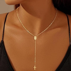 Elegant gold Y-shaped cross necklace with religious medal charm for women