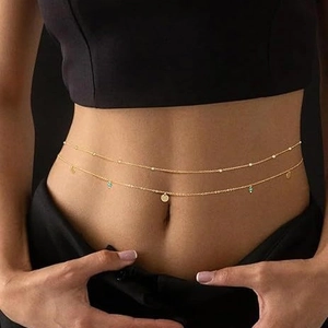 Golden double-layer belly chain with sequins and green beads for a sexy waist look