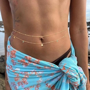 Double-layered gold waist chain with sequins and green beads for bohemian beach style