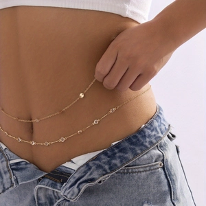 Fashionable gold layered body chain featuring sequins and clear zircon crystals for women