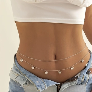Chaîne de taille double couche argentée avec pendentifs papillon, accessoire de mode femme