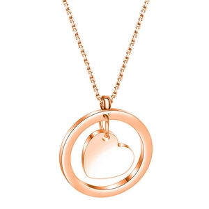 Rose gold stainless steel necklace with double hollow circle and heart pendant on white background