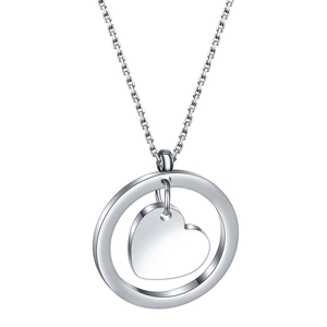 Polished stainless steel necklace featuring a hollow circular ring and heart pendant