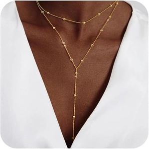 Collana a Y in Acciaio Inossidabile Placcato Oro 14K a Doppio Strato con Perline per Donna Collana Pendente Minimalista Gioielli alla Moda
