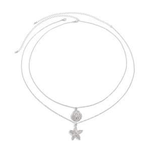 Silver layered beach body chain featuring starfish and seashell pendants with fine textures
