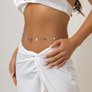 Silver stainless steel butterfly pendant waist chain belt on model with white dress