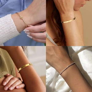 Golden knot cuff, wide bangle, and tennis chain bracelet set on diverse skin tones