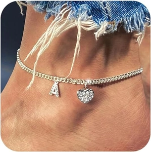 Silver initial A anklet with CZ heart charm on cuban link chain for women