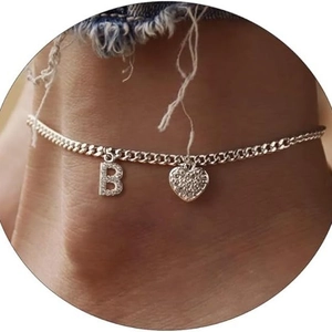 Silver cuban chain anklet featuring sparkling CZ heart and letter B charm pendant