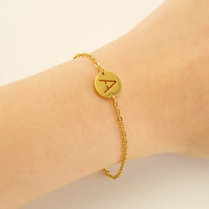Bracciale Lettera Iniziale Acciaio Inossidabile Placcato Oro 18K Ciondolo Disco Rotondo Cavo Catena Regolabile Gioielli Moda Donna Uomo