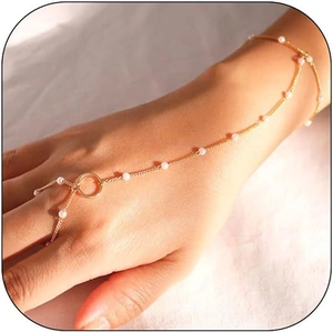 Elegante bracciale con anello in oro 14k e perle bianche, stile bohémien raffinato estivo