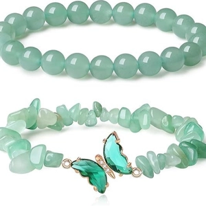 Two-piece set of natural stone bracelets with green beads and crystal butterfly charm