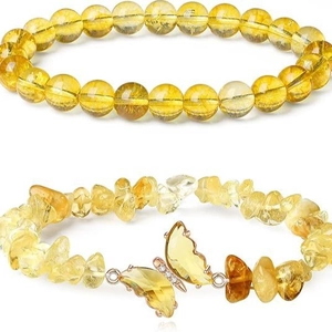 Two-piece natural yellow crystal bead bracelet set with a delicate butterfly charm pendant