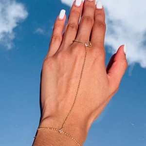 Minimalist Gold Plated Alloy Hand Harness Hand Chain With Cubic Zirconia Finger Ring Bracelet For Women Bohemian Fashion Jewelry