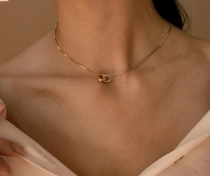 Gros plan d'un collier minimaliste à anneaux entrelacés bicolores or et argent
