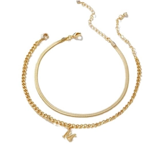 Layered gold stainless steel snake chain and Cuban necklace with M initial pendant