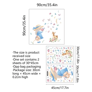 Watercolor girl and deer wall sticker set with butterflies, 90x90cm decorative PVC decal