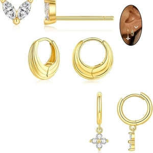 14k gold plated stud earring set with marquise zircons and clover hoop designs