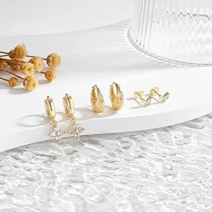 Luxury 14k gold plated three-pair earring set with zircon floral and V-shaped studs