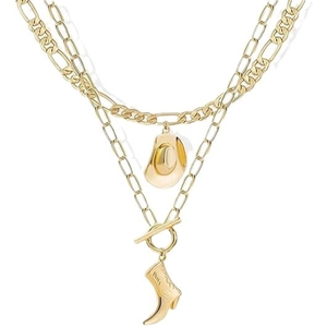 Collar dorado multicapa retro con colgantes de sombrero de vaquero y botas y cierre de OT