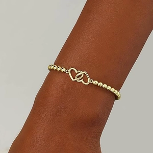 Gold Plated Stainless Steel Beaded Bracelet For Women Interlocking Heart Infinity Knot Round Beads Elegant Fashion Jewelry Gift